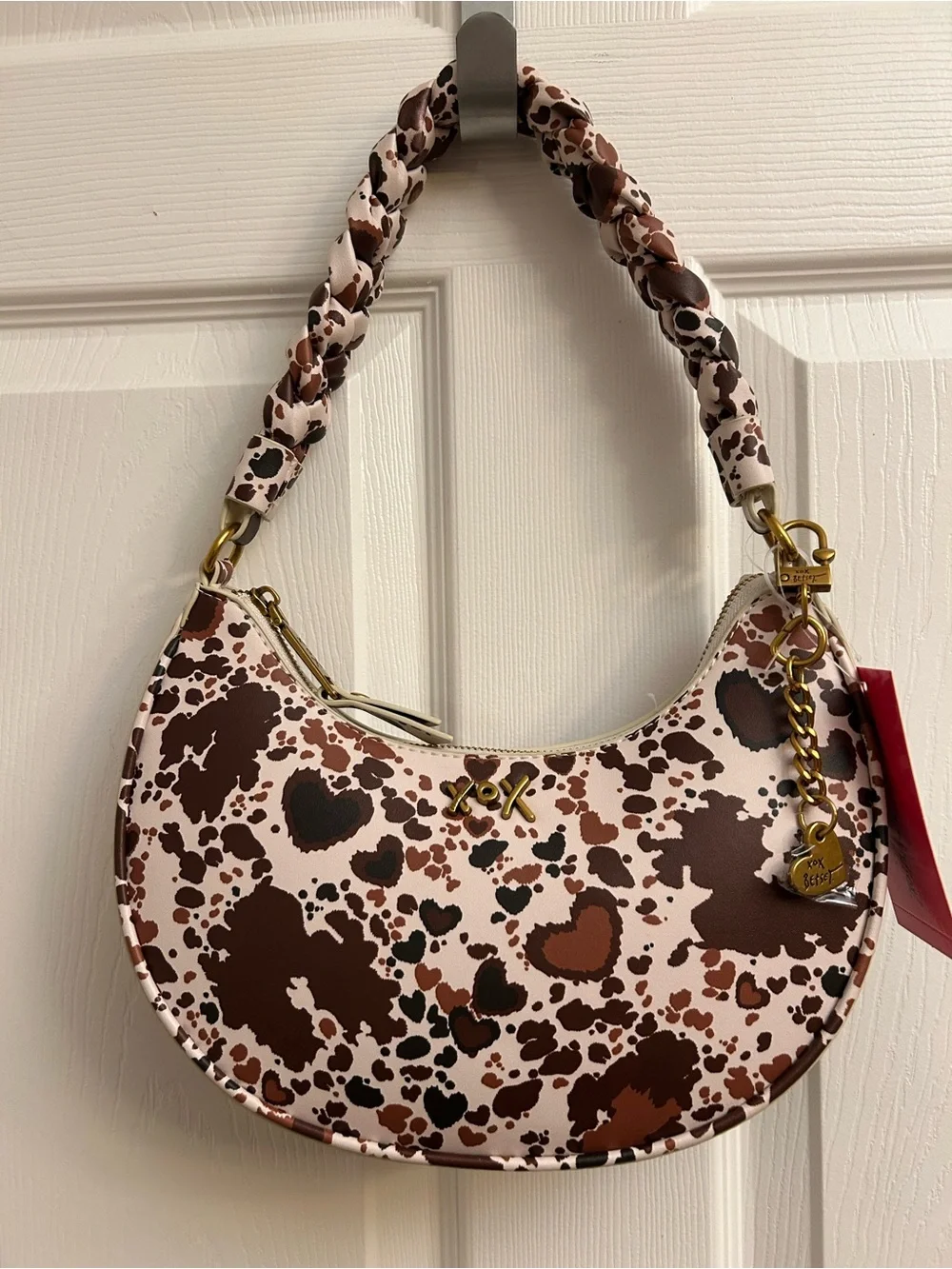 Betsey Johnson Brown & Cream Heart Print Hobo Bag